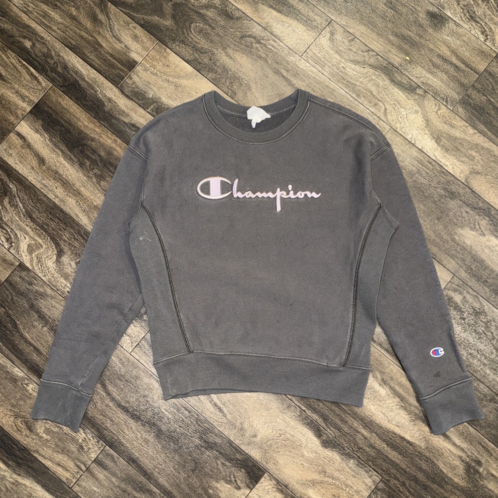 Champion Reverse Weave Pullover Spellout Sweatshirt Women's Medium Charcoal Grey